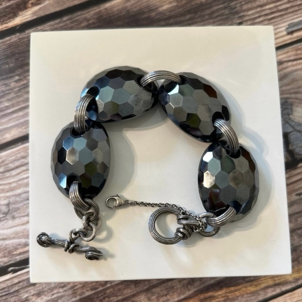 Stephen Dweck Sterling Silver Faceted Hematite Link Bracelet - Picture 2 of 11